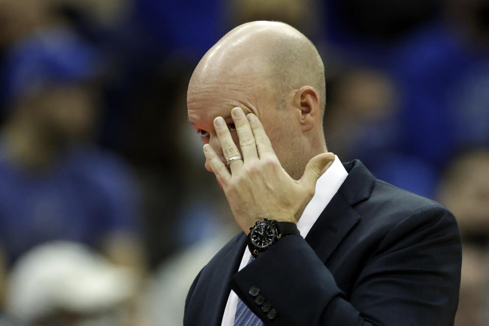 Seton Hall head coach Kevin Willard reacts during the first half of an NCAA college basketball game against Villanova, Saturday, Jan. 1, 2022, in Newark, N.J. (AP Photo/Adam Hunger)