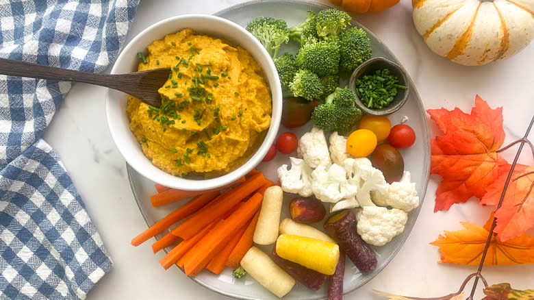 pumpkin hummus with fall vegetables