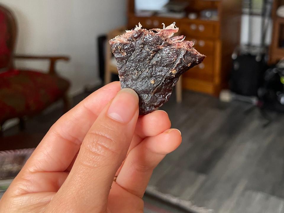 close up of yak jerky that's had a bite taken out of it