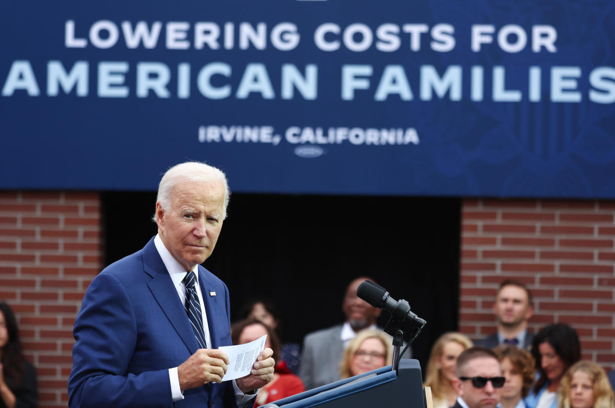 President Joe Biden stands after delivering remarks on lowering costs for American families at Irvine Valley College on Oct. 14, 2022 in Irvine, California.  / Credit: Mario Tama / Getty Images