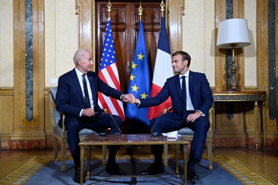 October 29, 2021: French President Emmanuel Macron (R) and US President Joe Biden (L) meet at the French Embassy to the Vatican in Rome.