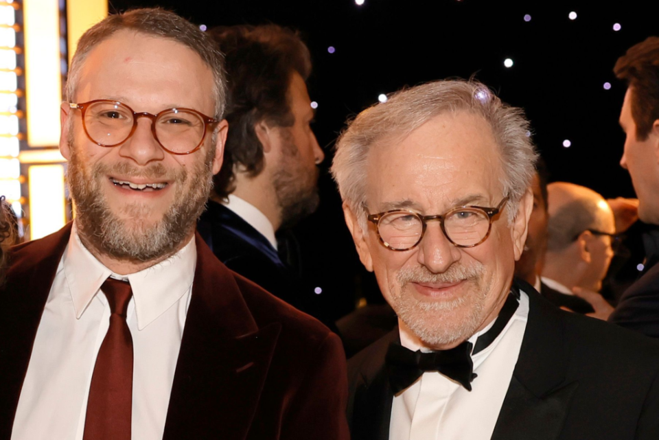 Seth Rogen and Steven Spielberg attend the 75th Directors Guild of America Awards at The Beverly Hilton on February 18, 2023 in Beverly Hills, California. (Photo by Kevin Winter/Getty Images)