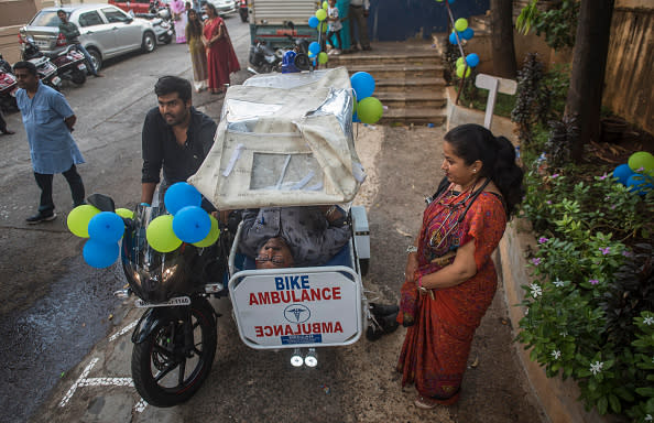 Bike-Ambulance launched by Lodha Foundation at Tejpal Hall, Grant Road in Mumbai, India. 24×7 bike ambulance services is equipped with a first-aid kit and oxygen cylinder and launched with aim to deal with medical emergencies amid heavy traffic. (Photo by Pratik Chorge/Hindustan Times via Getty Images)