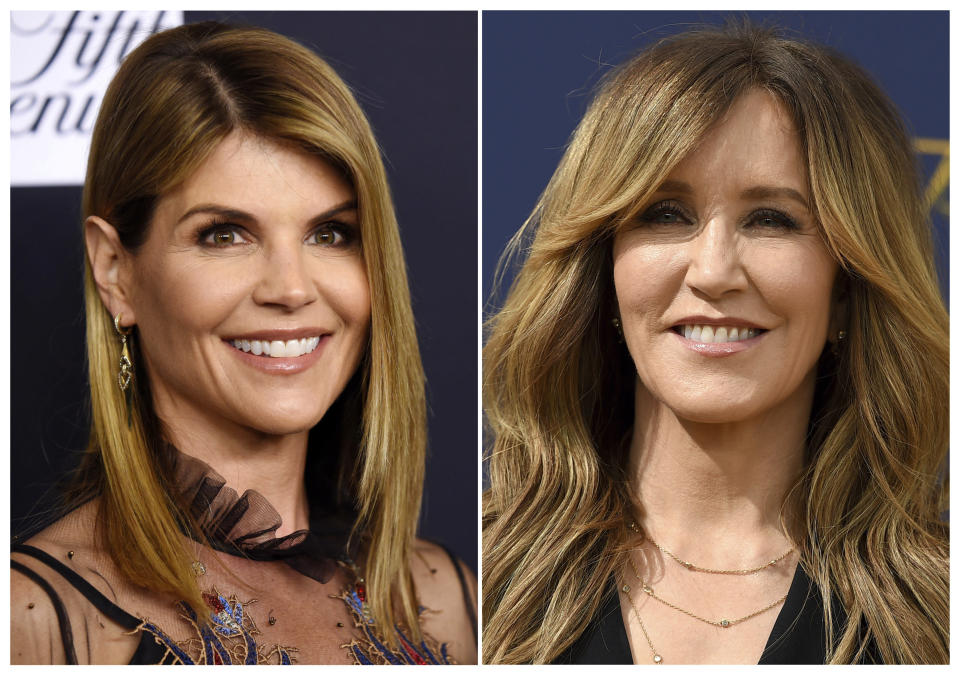 This combination photo shows actress Lori Loughlin at the Women's Cancer Research Fund's An Unforgettable Evening event in Beverly Hills, Calif., on Feb. 27, 2018, left, and actress Felicity Huffman at the 70th Primetime Emmy Awards in Los Angeles on  Sept. 17, 2018. Loughlin and Huffman are among at least 40 people indicted in a sweeping college admissions bribery scandal. Both were charged with conspiracy to commit mail fraud and wire fraud in indictments unsealed Tuesday in federal court in Boston. (AP Photo)