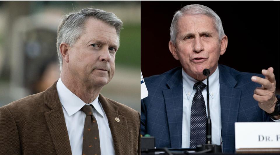 Left: Sen. Roger Marshall staring straight into the camera in a brown suit and white dress shirt; Right: Dr. Anthony Fauci speaking into a mic while seated in a blue suit and blue tie