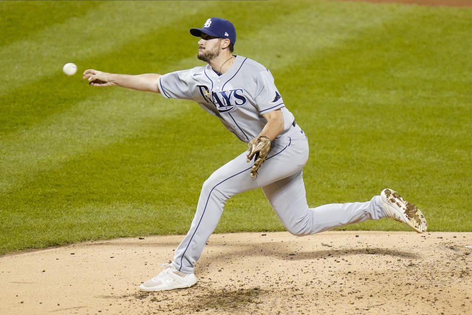 Tampa Bay Rays' Ryan Thompson delivers a pitch during the second inning of a baseball game against the New York Mets Monday, Sept. 21, 2020, in New York. (AP Photo/Frank Franklin II)