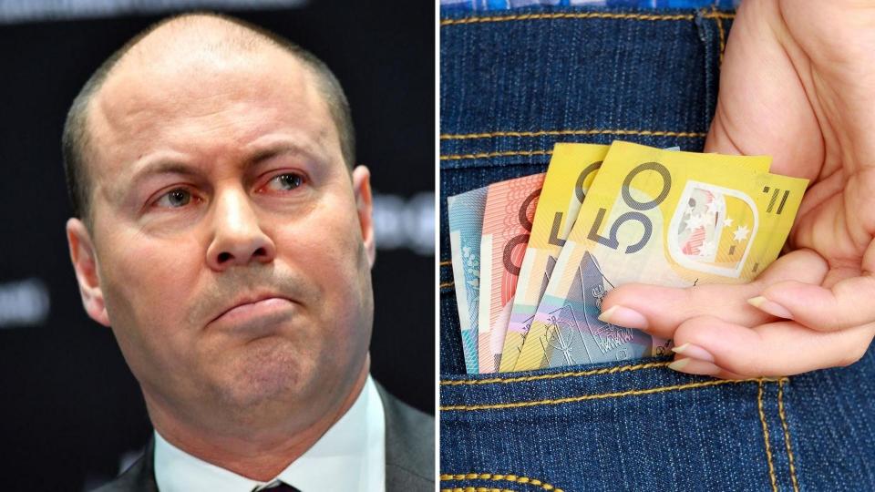 Pictured: Treasurer Josh Frydenberg, Australian cash in pocket. JobKeeper concept. Images: Getty