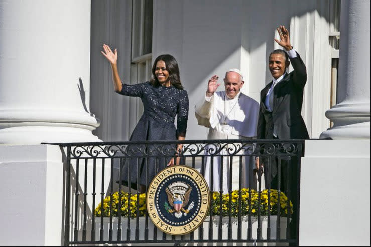 Michelle Obama with Pope Francis on the balcony of the White House wearing Monique Lhullier.