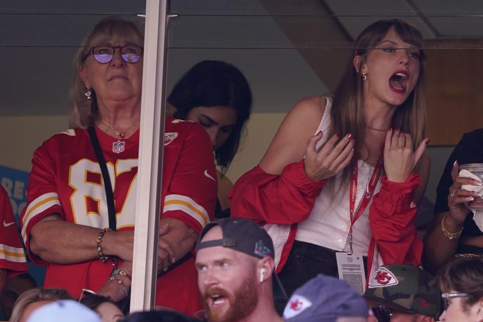 Taylor Swift, right, watches from a suite alongside <span class="caas-xray-inline-tooltip"><span class="caas-xray-inline caas-xray-entity caas-xray-pill rapid-nonanchor-lt" data-entity-id="Travis_Kelce" data-ylk="cid:Travis_Kelce;pos:2;elmt:wiki;sec:pill-inline-entity;elm:pill-inline-text;itc:1;cat:Athlete;" tabindex="0" aria-haspopup="dialog"><a href="https://search.yahoo.com/search?p=Travis%20Kelce" data-i13n="cid:Travis_Kelce;pos:2;elmt:wiki;sec:pill-inline-entity;elm:pill-inline-text;itc:1;cat:Athlete;" tabindex="-1" data-ylk="slk:Travis Kelce;cid:Travis_Kelce;pos:2;elmt:wiki;sec:pill-inline-entity;elm:pill-inline-text;itc:1;cat:Athlete;" class="link ">Travis Kelce</a></span></span>’s mother, Donna Kelce, inside Arrowhead Stadium during the first half of an NFL football game between the Chicago Bears and Kansas City Chiefs Sunday, Sept. 24, 2023, in Kansas City, Mo. | Ed Zurga, Associated Press