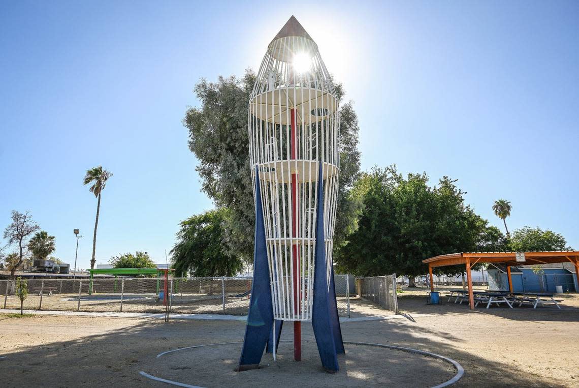 A rocket ship-shaped playground structure is a mainstay at Calwa Park south of Fresno.