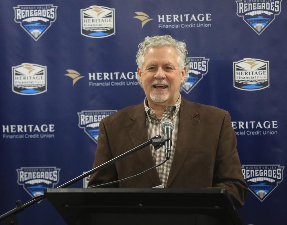 Dutchess County Executive Bill O'Neil speaks during a press conference on March 21, 2023. Dutchess Stadium has been renamed Heritage Financial Park. 