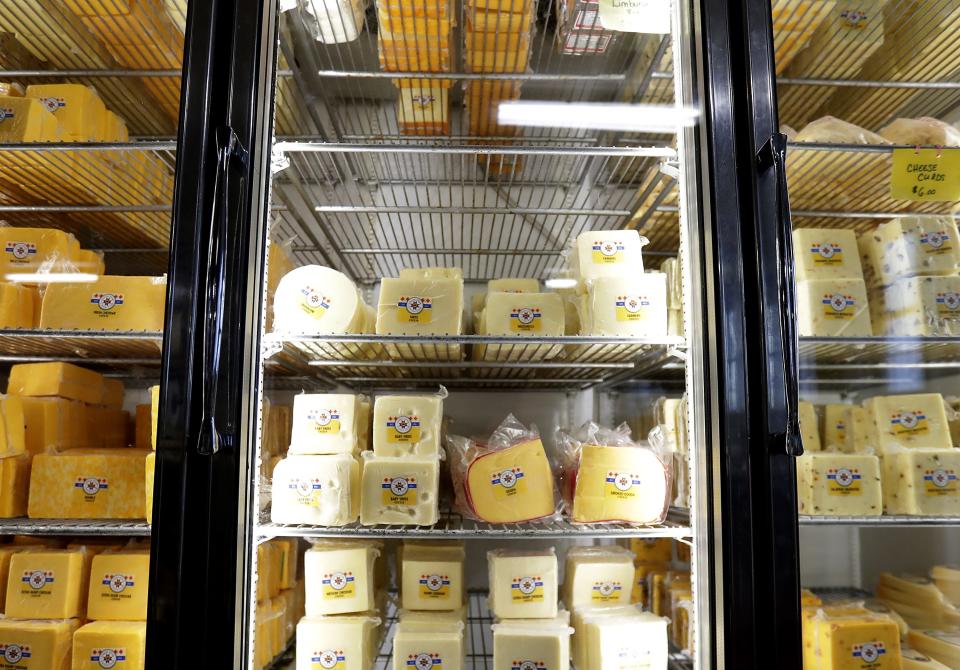 A selection of cheeses sit in the cooler May 23, 2023, at Union Star Cheese Factory.
