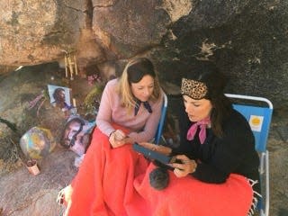 Rebecca Holopter, right, and Verity Butler on the set of their short film, "Finding Keanu." The two friends are preparing for production of their first feature-length film, "Big Mike's Cabin," which will be filmed in the Ozarks.