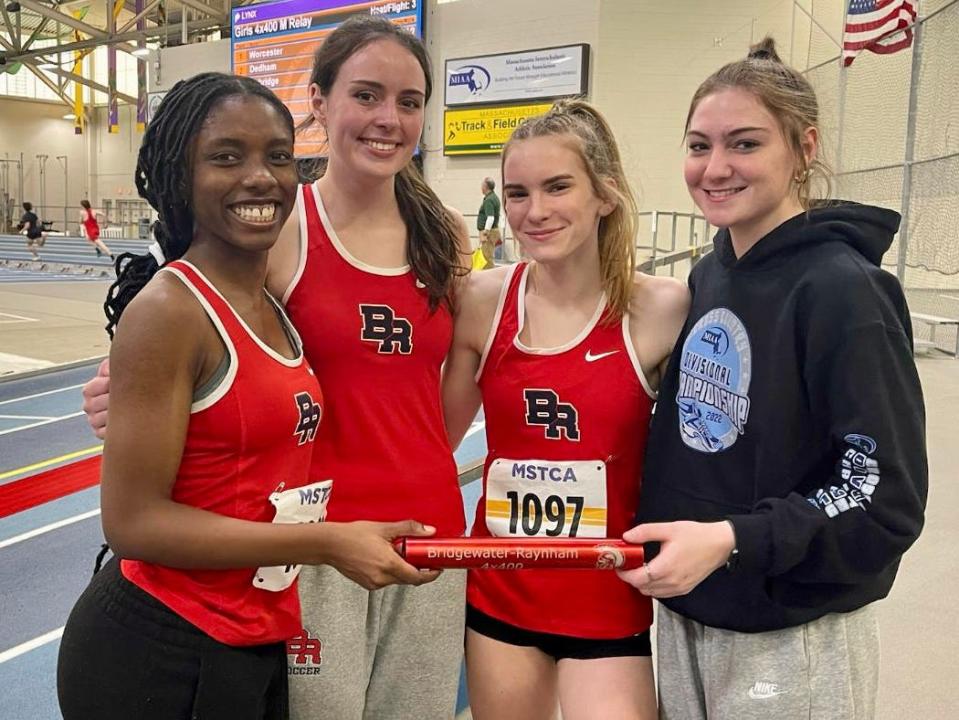 From left to right: Bridgewater-Raynham’s Nethica Auguste, Brianna Reid, Emily Keefe and Sydney O’Donnell after winning the 4x400 meter relay at the MSTCA Qualfier.