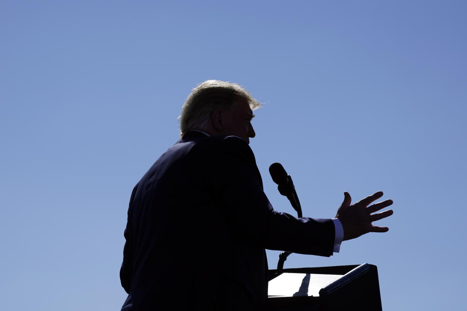 President Donald Trump speaks at a campaign rally at Prescott Regional Airport, Monday, Oct. 19, 2020, in Prescott, Ariz. (AP Photo/Alex Brandon)