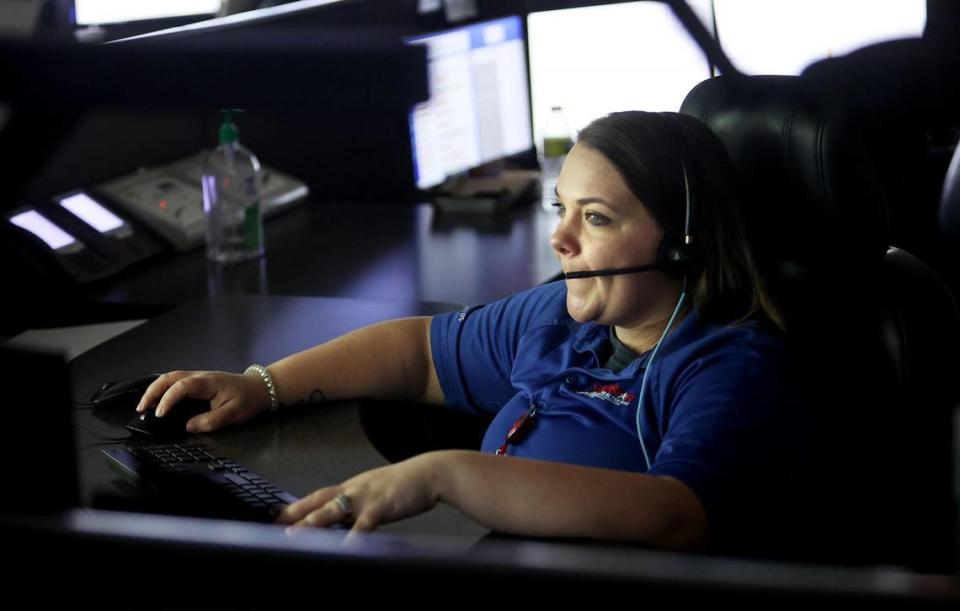 Jamey Clark, a system status controller with MedStar, monitors the location of ambulances in the system and what calls are active on Friday, May 20, 2022.