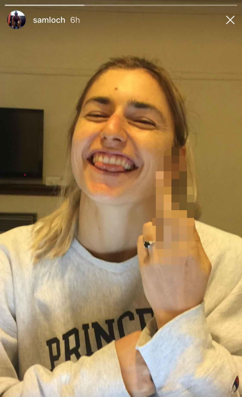 Frances Abbott showed off her engagement ring on Sam's Instagram while giving a cheeky middle finger to the camera. Source: Instagram