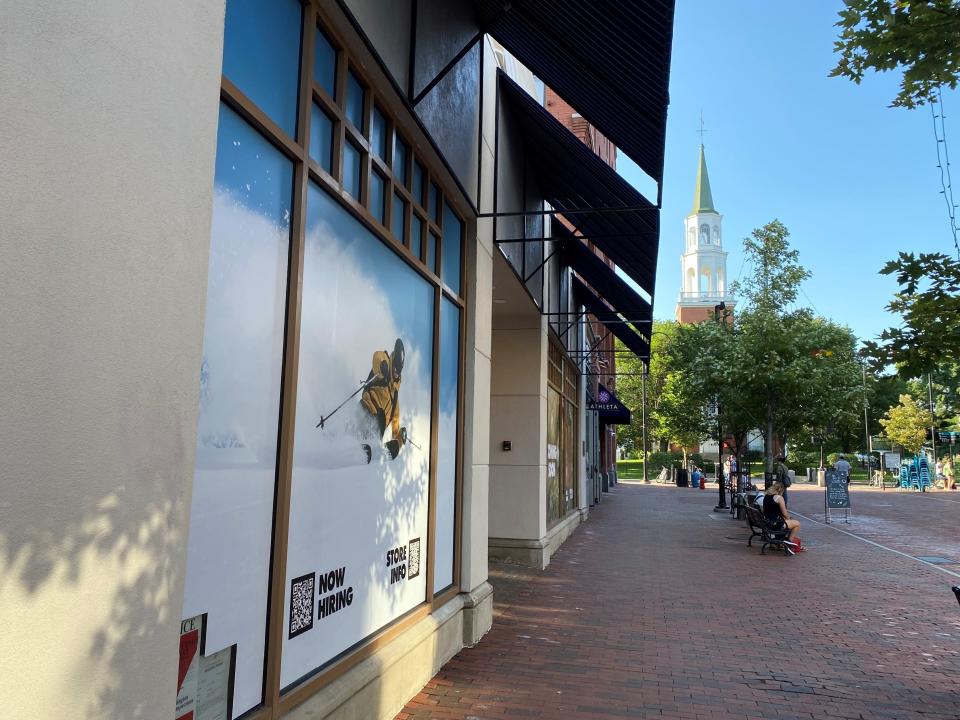 A window display at the top of Church Street Marketplace in Burlington announces plans for a Black Diamond store. Photographed Aug. 3, 2021. The store will close in December 2023.