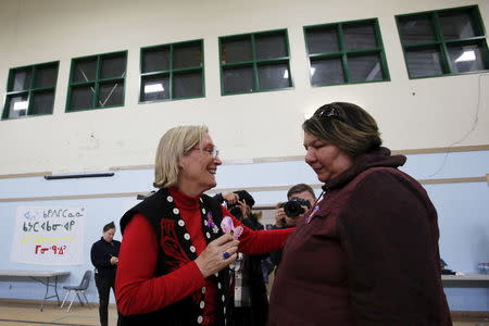 Canada's Indigenous Affairs Minister Carolyn Bennett (L) talks with Stephanie Hookimaw, whose daughter Sheridan killed herself last October, in the Attawapiskat First Nation in northern Ontario, Canada, April 18, 2016 after a suicide crisis state of emergency was declared. REUTERS/Chris Wattie