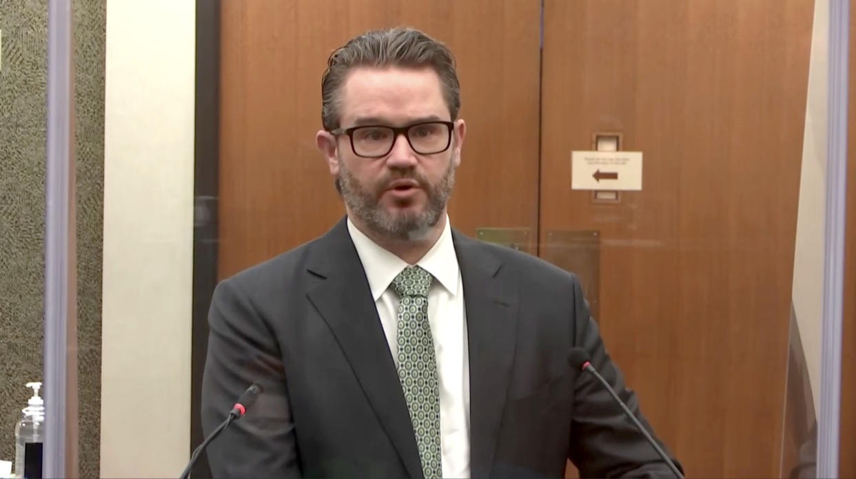 Eric Nelson, a member of the defense, in the trial of Derek Chauvin, questions a witness on April 5, 2021. (Court TV via Reuters Video)