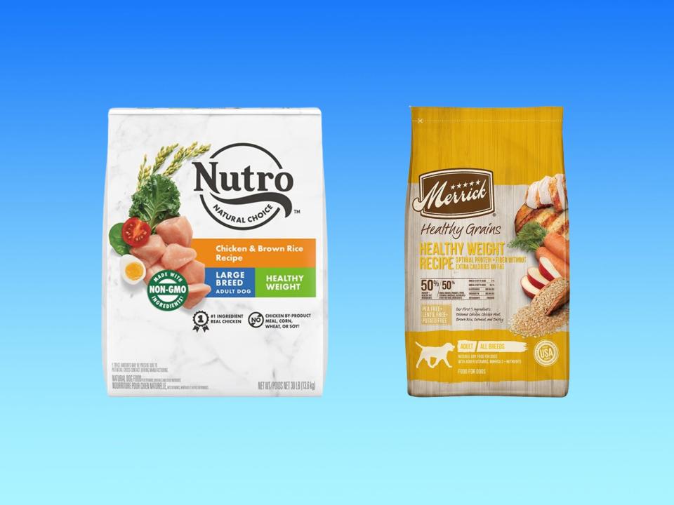 A bag of Nutro large breed food and a bag of Merrick Healthy Weight food are on a blue background.