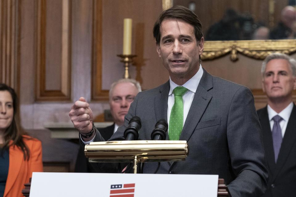 FILE - Rep. Garret Graves, R-La., speaks at a news conference after the House passed the debt ceiling bill, May 31, 2023, at the Capitol in Washington. A panel of federal judges on Tuesday rejected a new congressional map that would give Louisiana a second majority Black district, renewing the political fortunes of Graves, whose district was altered by the map. Fields had declared his intention to run for Congress in the new district. (AP Photo/Jose Luis Magana, File)