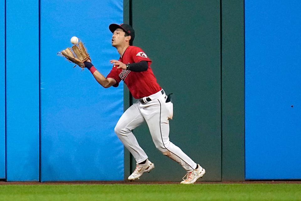 Cleveland Guardians left fielder Steven Kwan catches a fly ball hit by Detroit Tigers' Riley Greene on Aug. 18 in Cleveland.
