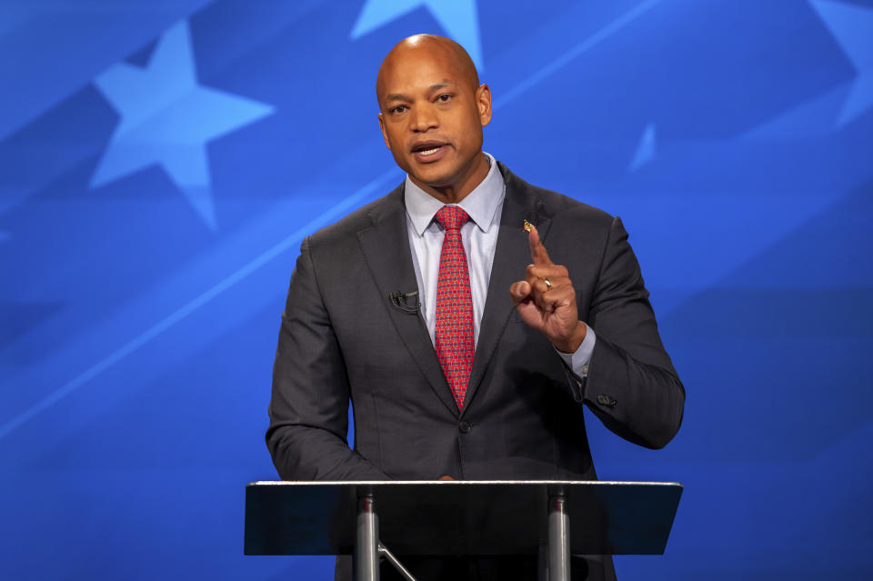 This image released by Maryland Public Television shows gubernatorial candidate Democrat Wes Moore speaking during a debate with Republican Dan Cox, Wednesday, Oct. 12, 2022, in Owings Mills, Md. Republican Gov. Larry Hogan is term limited. (Maryland Public Television/Michael Ciesielski via AP, Pool)