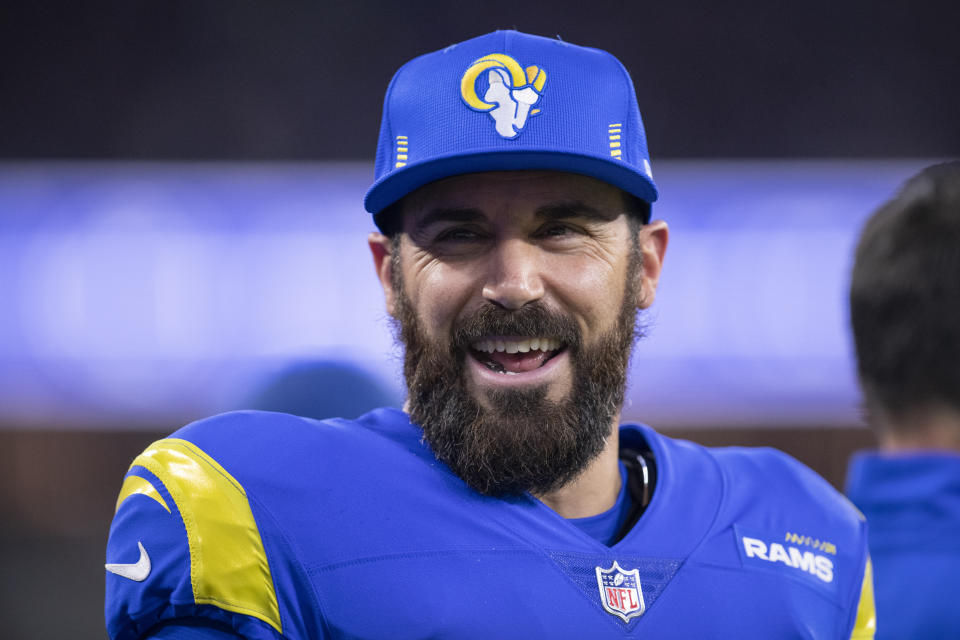 Los Angeles Rams defensive back Eric Weddle (20) smiles during an NFL wild-card playoff football game Monday, Jan. 17, 2022, in Inglewood, Calif. (AP Photo/Kyusung Gong)