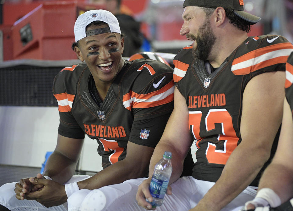 Joe Thomas, right, enjoys working with younger players like Cleveland Browns rookie quarterback DeShone Kizer. (AP)