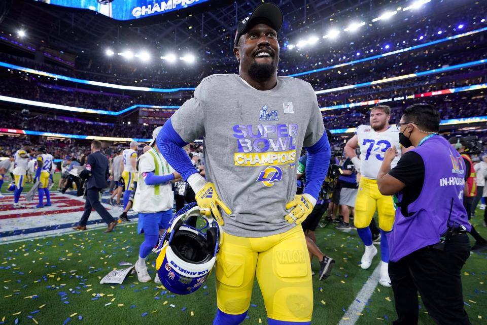 Los Angeles Rams outside linebacker Von Miller (40) celebrates their victory against the Cincinnati Bengals in Super Bowl 56 on Feb. 13, 2022, in Inglewood, Calif.