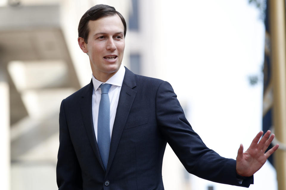 White House Adviser Jared Kushner waves as he arrives at the Office of the United States Trade Representative for talks on trade with Canada, Wednesday, Aug. 29, 2018, in Washington. (AP Photo/Jacquelyn Martin)                                                                                