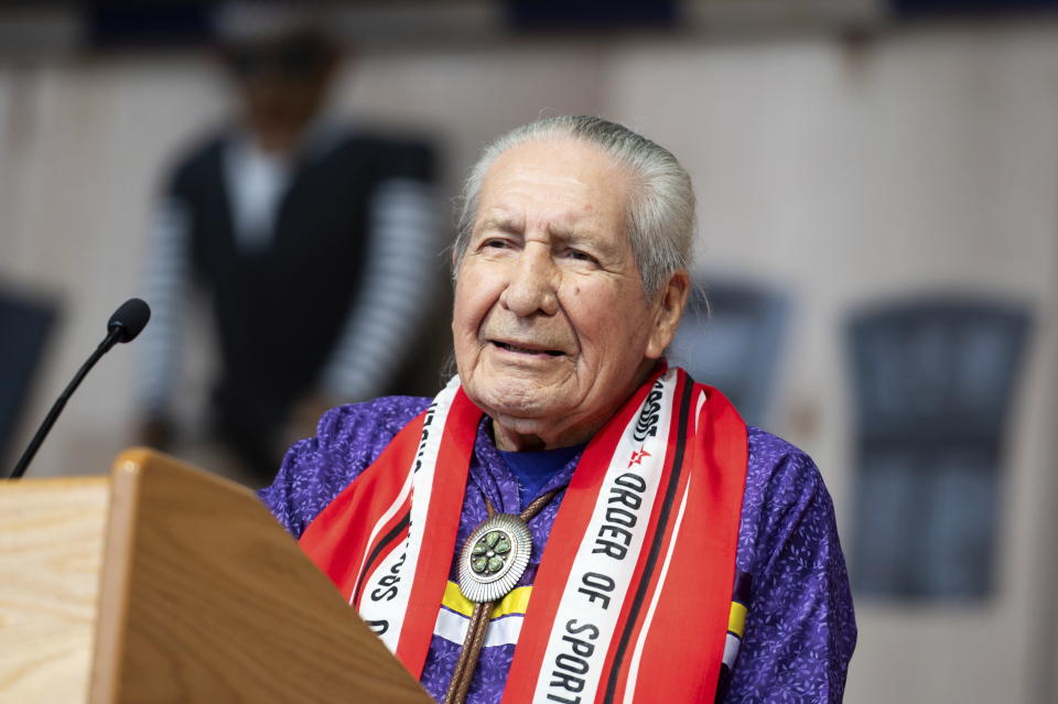 Lacrosse player Oren Lyons speaks after receiving the Order of Sport during the Class of 2023 induction ceremonies in Gatineau, Quebec, Thursday, Oct. 19, 2023. (Spencer Colby/The Canadian Press via AP)