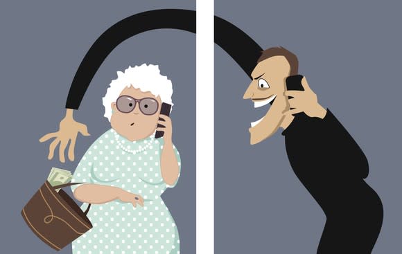 A cartoon depicts a scammer talking on a phone with a senior woman and trying to steal money out of her purse.
