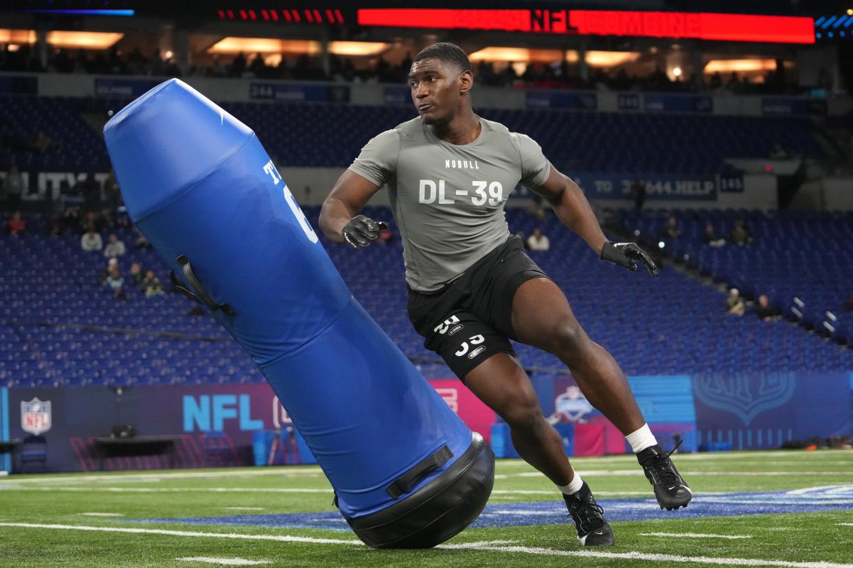 Feb 29, 2024; Indianapolis, IN, USA; Mississippi defensive lineman Cedric Johnson (DL39) works out during the 2024 NFL Combine at Lucas Oil Stadium. Mandatory Credit: Kirby Lee-USA TODAY Sports