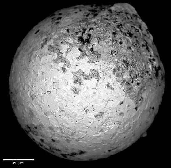 An electron microprobe image of one of the spherules recovered from the ocean's bottom.