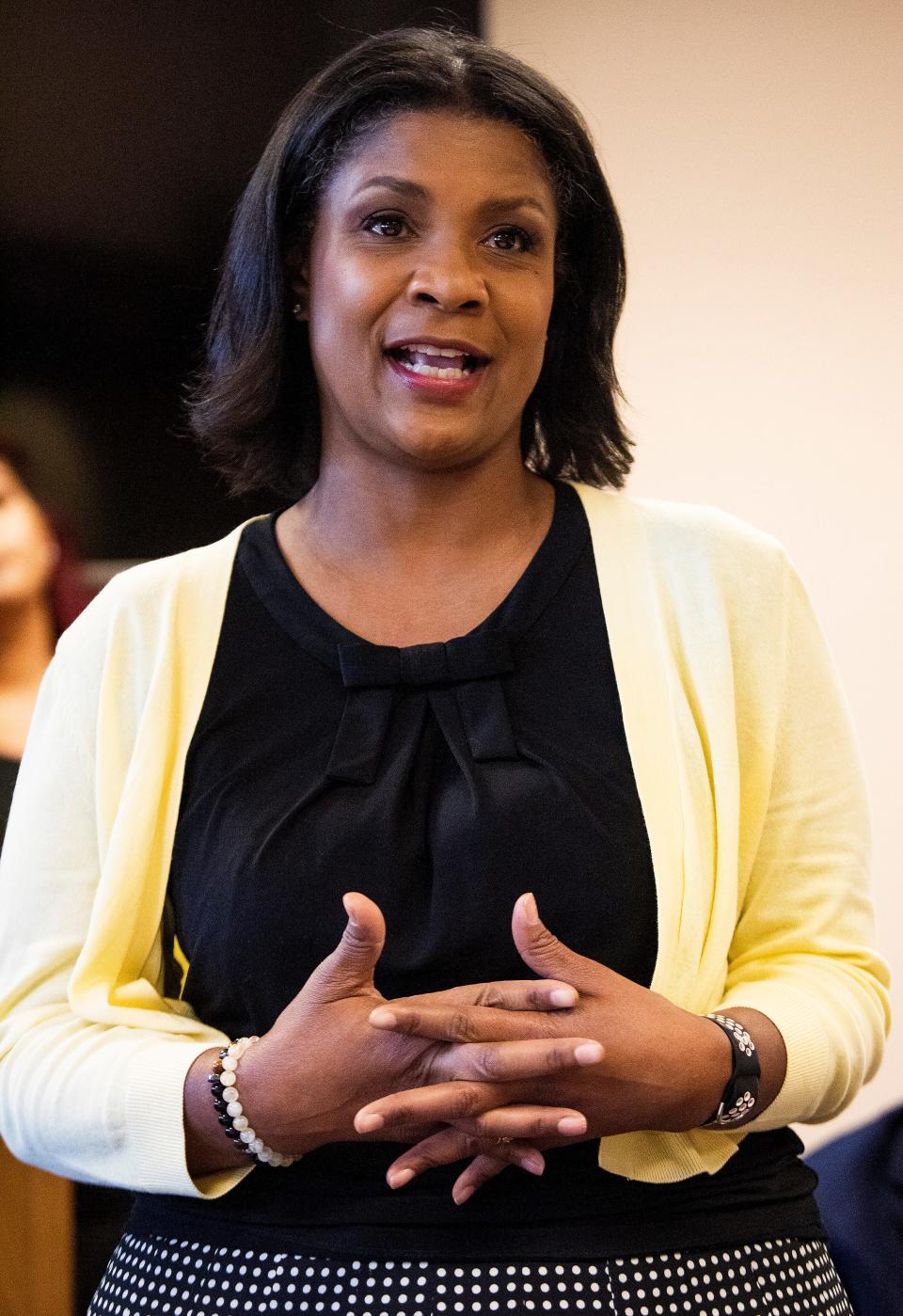 Montgomery County School Board candidate Phadra Carson Foster speaks during a candidate forum In Montgomery, Ala., on Thursday April 28, 2022. 