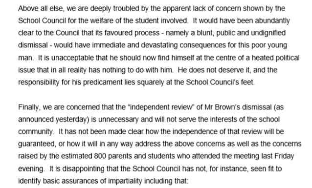 An extract from the letter written by former students to the school council. Source: Facebook / Concerned TGS Community