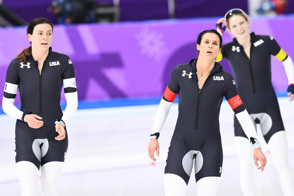 <p>(L-R) USA’s Heather Bergsma, USA’s Brittany Bowe and USA’s Mia Manganello reacts after the women’s team pursuit quarter-final speed skating event during the Pyeongchang 2018 Winter Olympic Games at the Gangneung Oval in Gangneung on February 19, 2018. / AFP PHOTO / Mladen ANTONOV </p>