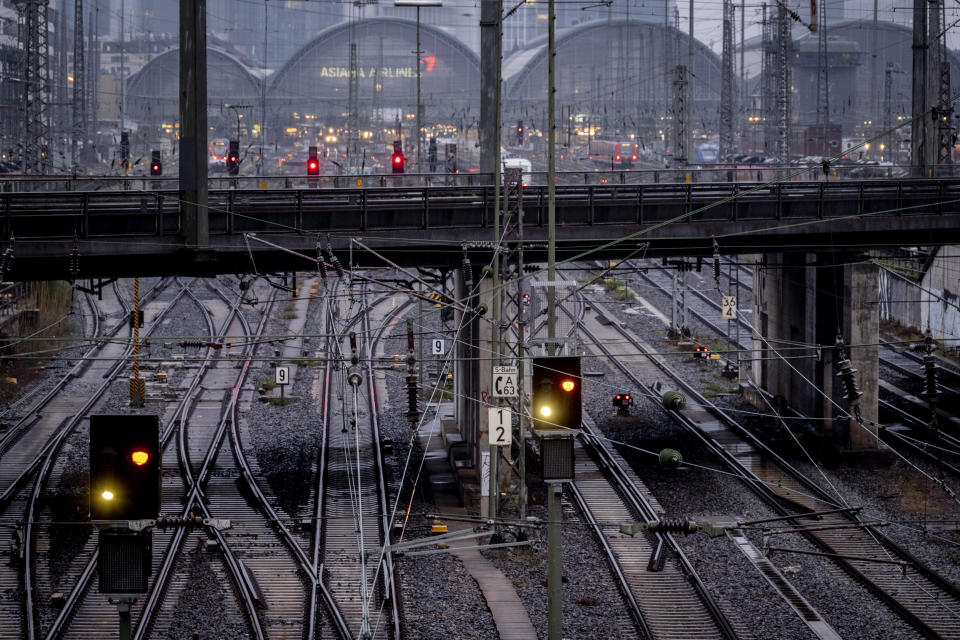 Empty rails are pictured outside the central train station in Frankfurt, Germany, Monday, March 11, 2024. German train drivers union GDL called for another strike starting early Tuesday. (AP Photo/Michael Probst)