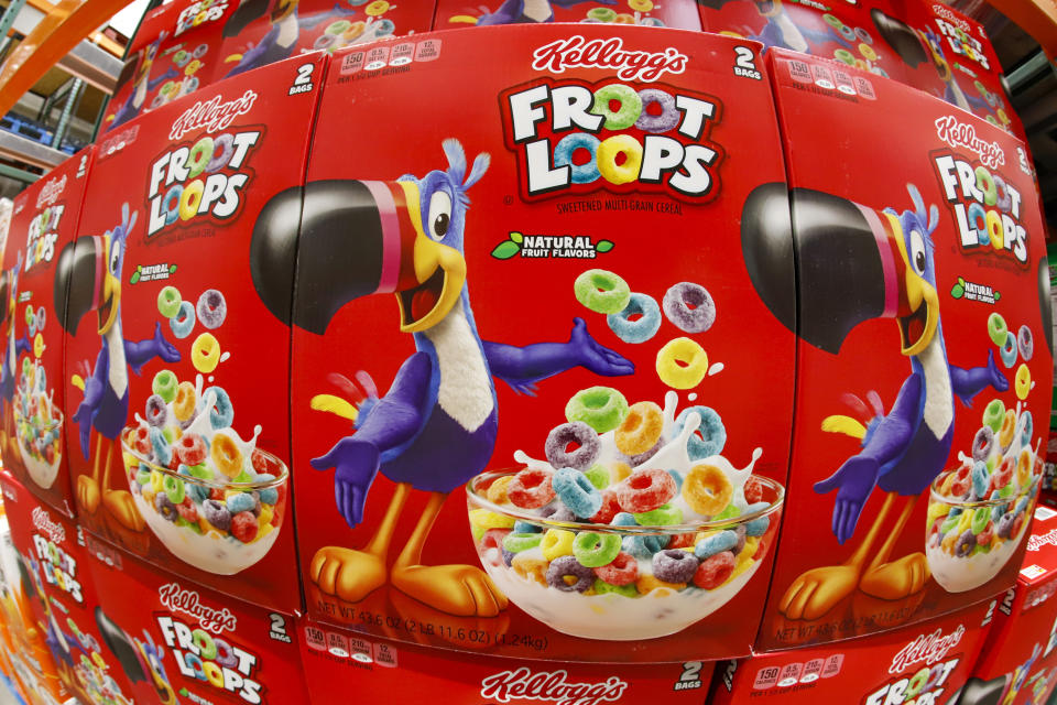 This is a display of Kellogg's Froot Loops cereal at a Costco Warehouse in Robinson Township, Pa., on Thursday, May 14, 2020. (AP Photo/Gene J. Puskar)