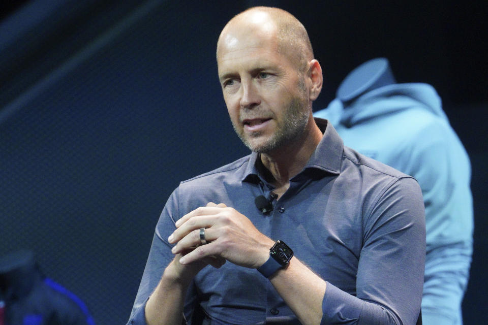 U.S. men's soccer coach Gregg Berhalter speaks during a news conference Wednesday, Aug. 31, 2022, in New York. (AP Photo/Bebeto Matthews)