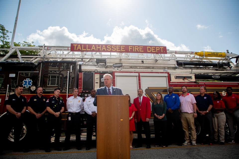 Tallahassee Community College President Jim Murdaugh shares his excitement for a new firefighter program for students at Leon High School in collaboration with TCC on Tuesday, May 7, 2024.