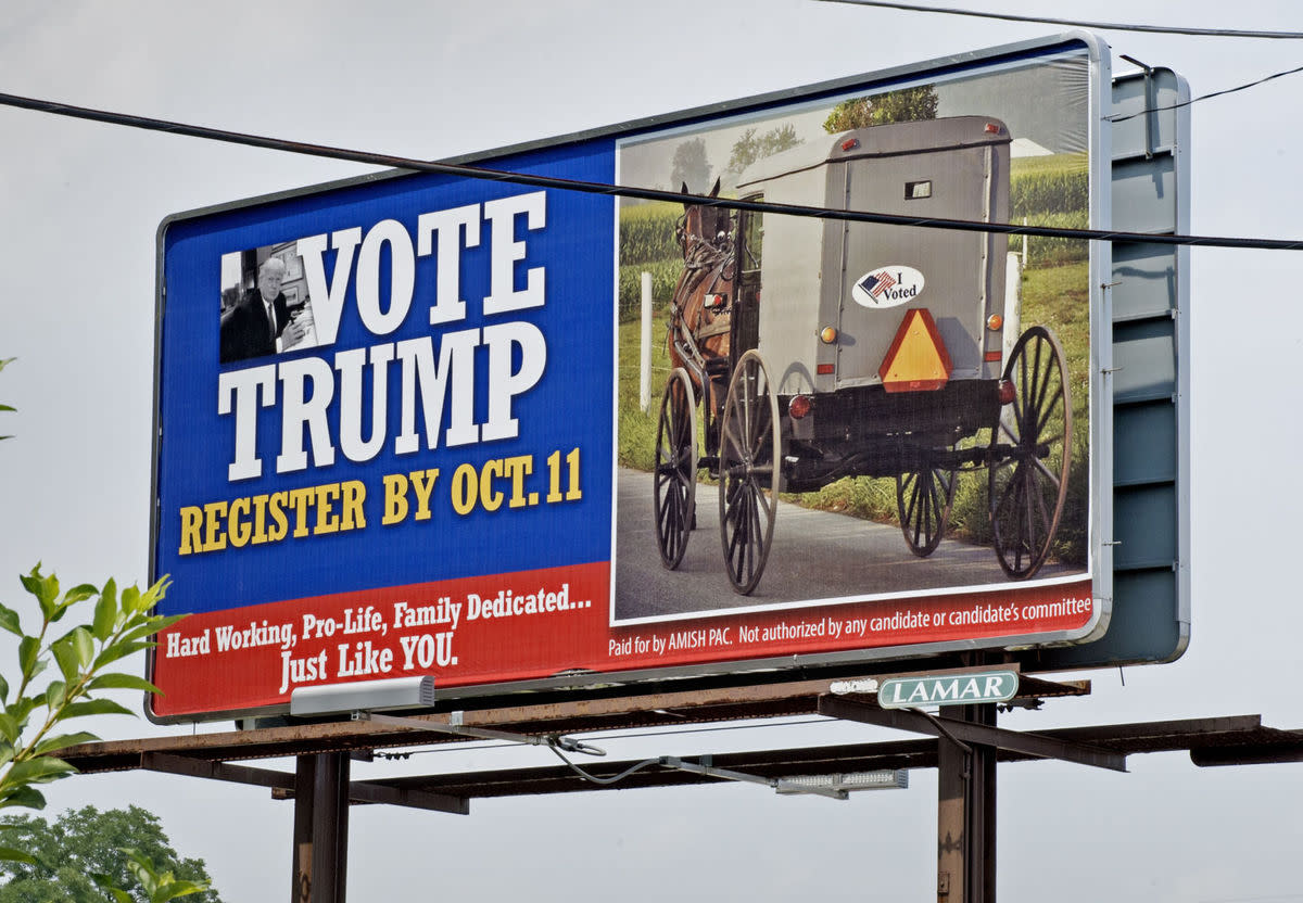 A pro-Trump billboard paid for by Amish PAC is displayed in Akron, PA. (Photo: Blaine Shahan/Lancaster Online)