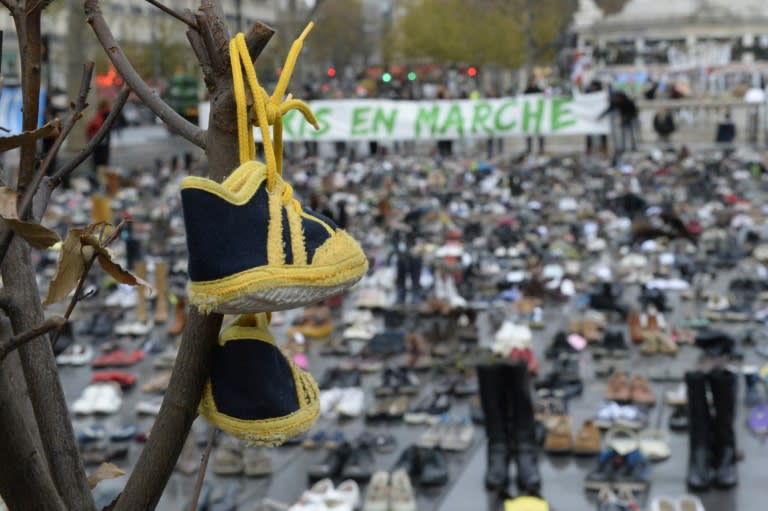 Some activists in Paris on November 29, 2015, instead of marching, have piled up thousands of pairs of shoes in the Place de la Republique -- one way to rally regardless of the ban on public gatherings in place since the terror attacks on the city