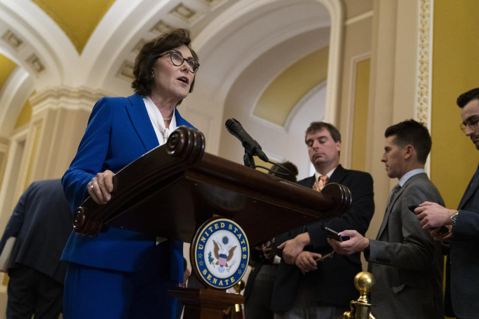 FILE - Sen. Jacky Rosen, D-Nev., speaks to media after a Senate Democratic policy luncheon, Oct. 17, 2023, on Capitol Hill in Washington. Seven Republicans vying for nomination for a Nevada Senate seat are participating Thursday, Jan. 18, 2024, in their first debate, hoping to win the nod to face off in the general election against Rosen. (AP Photo/Stephanie Scarbrough, File)