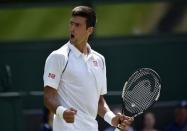 Novak Djokovic of Serbia reacts to breaking serve during his match against Jarkko Nieminen of Finland at the Wimbledon Tennis Championships in London, July 1, 2015. REUTERS/Toby Melville
