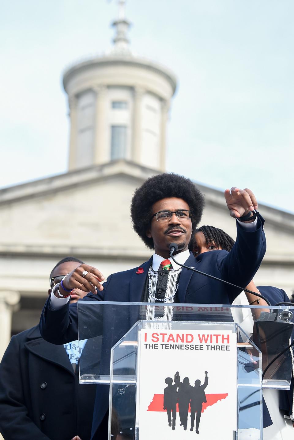 Justin Pearson speaks to supporters outside the State Capitol in Nashville, Tenn., before being sworn in on Thursday, April 13, 2023, after he was reappointed to the Tennessee House of Representatives.