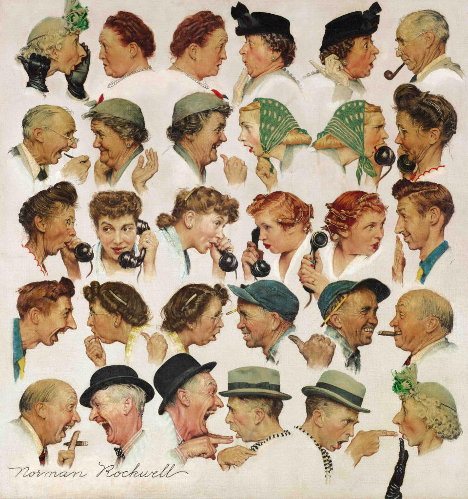 This undated photo provided by Sotheby's shows the popular Norman Rockwell masterpiece "The Gossips" which is heading for the auction block. It is among seven works by The Saturday Evening Post illustrator going on sale at Sotheby's in New York on Dec. 4. (AP Photo/Sotheby's)
