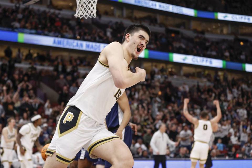 Zach Edey led Purdue to the Big Ten Tournament championship last season, but then the Boilermakers were knocked out of the NCAA Tournament by Fairleigh Dickinson. Kamil Krzaczynski/USA Today Network